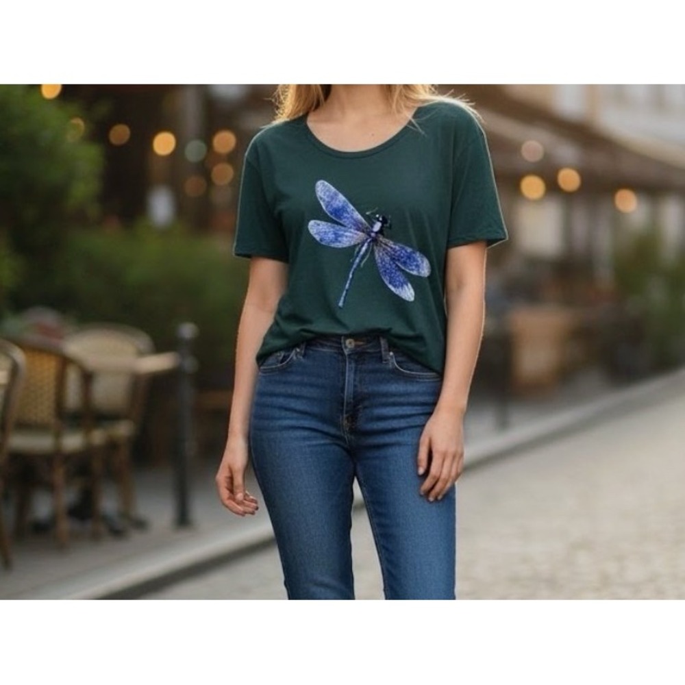 Dragonfly Graphic‎ Tee Women XL Green Blue Short Sleeve Scoop Neck Top